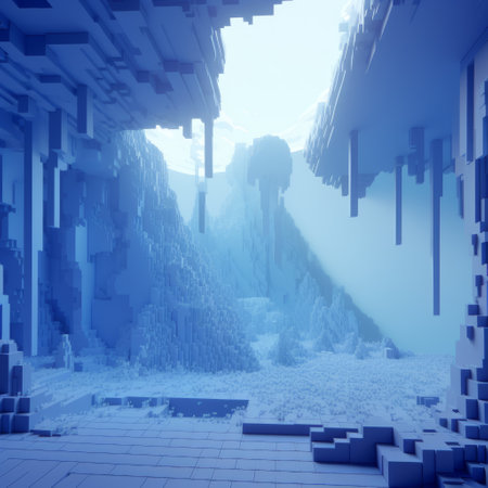 glowing blue voxel, volumetric fog, cubic world, ice cave.の写真素材