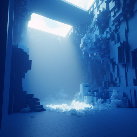 glowing blue voxel, volumetric fog, cubic world, ice cave.の写真素材