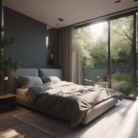 a bedroom, bed in the middle, wardrobe, commode, modern style, curtain wall showing trees outside, day time light.の写真素材