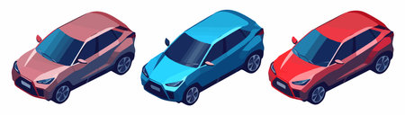 Isometric vector icons of a modern mid-size crossover car, available in red and blue colors. The car is suitable for business, family, and SUV purposes, and is designed in a modern style.のイラスト素材