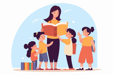 A cartoon vector illustration showing a teacher reading an educational book to a group of young children in a preschool classroom. The concept is focused on teaching children and preschool education.のイラスト素材