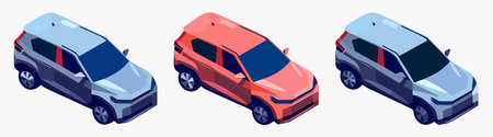 Isometric vector icons of a modern mid-size crossover car, available in red and blue colors. The car is suitable for business, family, and SUV purposes, and is designed in a modern style.のイラスト素材