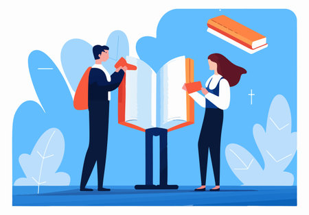 A vector illustration showing a man and a woman in business attire reading a book, symbolizing business educational training.のイラスト素材