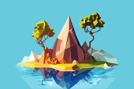 Low-poly geometric trees and island in abstract vector illustration style, perfect for use as a design element in banners, posters, flyers, covers, brochures, etc.のイラスト素材