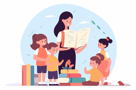 A cartoon vector illustration showing a teacher reading an educational book to a group of young children in a preschool classroom. The concept is focused on teaching children and preschool education.のイラスト素材