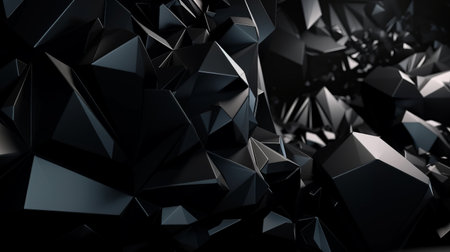 abstract black crystal background with faceted textures rendered in 3D, designed as a wide panoramic polygonal wallpaper.の写真素材