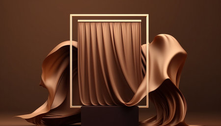 3D render of a brown display podium with a wood frame pedestal and flying silk cloth curtain for a beauty or cosmetic product presentation. Luxurious and feminine mockup.の写真素材
