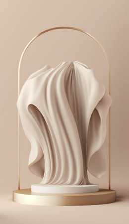 Beige podium with silk cloth and gold arch frame for product presentation, 3D rendering.の写真素材