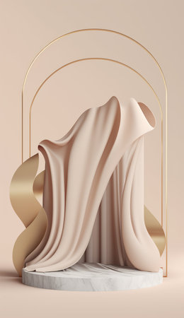 Beige podium with silk cloth and gold arch frame for product presentation, 3D rendering.の写真素材