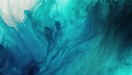 Teal and green abstract watercolor paint background with fluid texture for banners.の写真素材