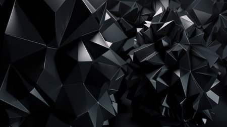 abstract black crystal background with faceted textures rendered in 3D, designed as a wide panoramic polygonal wallpaper.の写真素材