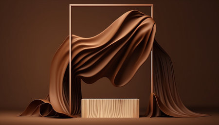 3D render of a brown display podium with a wood frame pedestal and flying silk cloth curtain for a beauty or cosmetic product presentation. Luxurious and feminine mockup.の写真素材