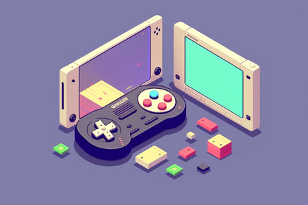 Isometric game development concept for mobile app featuring game console.の写真素材