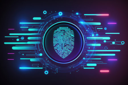 Futuristic cyber security with neon background and fingerprint scanning.の写真素材