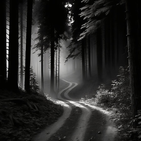 a dark road going into the woods on a foggy day.の写真素材
