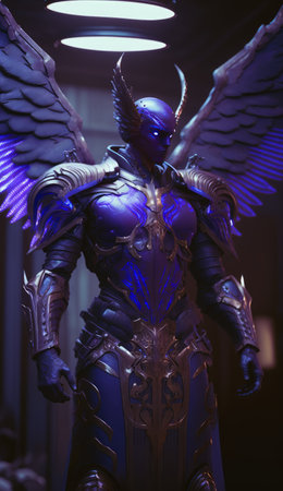 archangel with wings, full body, intricate purple and blue neon armor, ornate.の写真素材