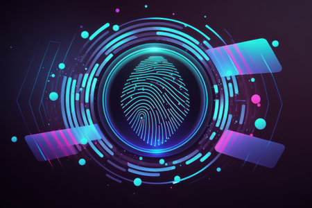 Futuristic cyber security with neon background and fingerprint scanning.の写真素材