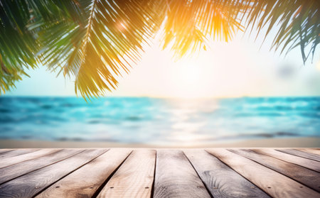Summer beach table with blurred palm leaves and defocused bokeh lights on the ocean in the background. Wooden plank in abstract landscape.の写真素材