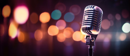 Retro-style microphone illuminated with bokeh lights on a stage.の写真素材