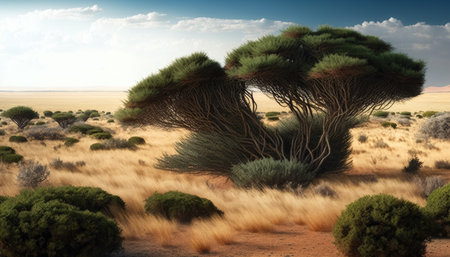 african steppe, light wind, little green, some bushes, two trees.の写真素材