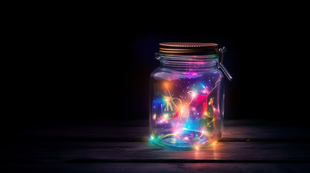 Colorful lights in an close jar, symbolizing the concept of dreams.の写真素材