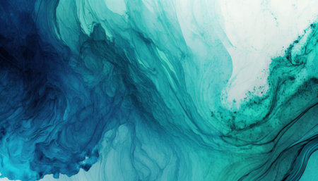 Teal and green abstract watercolor paint background with fluid texture for banners.の写真素材