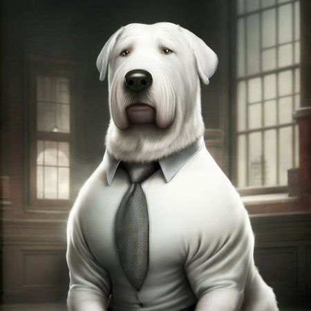 white dog in a white shirt and tie with a serious face.の写真素材