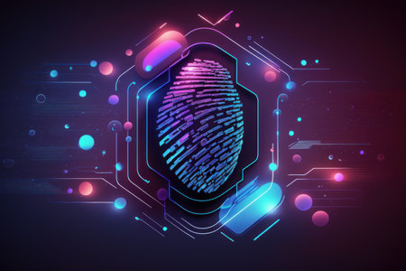 Futuristic cyber security with neon background and fingerprint scanning.の写真素材