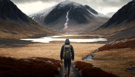 lonely tourist walking in the mountains.の写真素材