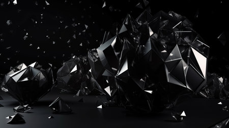abstract black crystal background with faceted textures rendered in 3D, designed as a wide panoramic polygonal wallpaper.の写真素材
