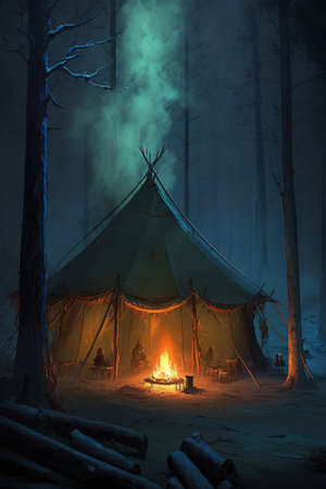 tent in the forest with a fire at night digital art.の写真素材