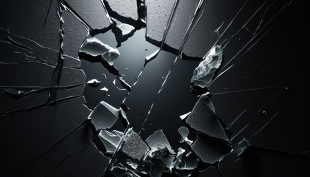 photorealistic 3d render of cracked glass on the black background cinematic light.の写真素材