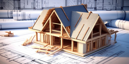 House construction on blueprints - building project.の写真素材