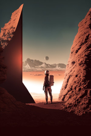 Mars collage with explorer discovering the planet.の写真素材