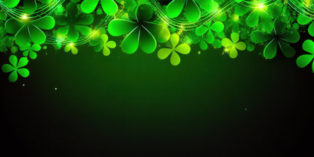 St. Patrick's Day abstract green background with shamrock leaves. Pub party celebration with magic border design and clovers on black.の写真素材