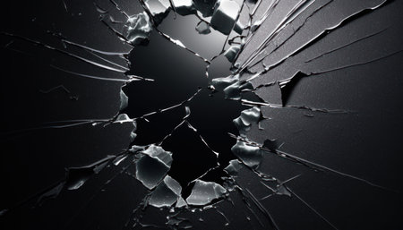 photorealistic 3d render of cracked glass on the black background cinematic light.の写真素材