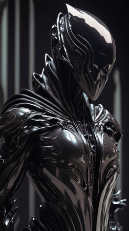 intricate vantablack-paint biomechanical clothing, beautiful smooth space ninja, platemail armor.の写真素材