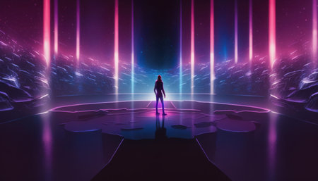 a man stands on a red and purple stage surrounded by lights, in a dark space.の写真素材