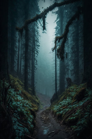 view of a dark gloomy foggy forest, tall trees, overgrown worn out path , stretch endlessly.の写真素材