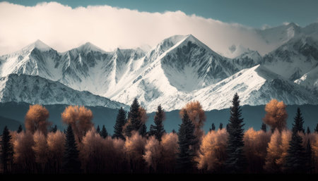 row of snow-capped mountains with trees in front of them in the foreground, generative ai.の写真素材
