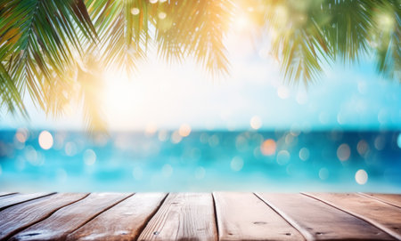 Summer beach table with blurred palm leaves and defocused bokeh lights on the ocean in the background. Wooden plank in abstract landscape.の写真素材