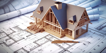 House construction on blueprints - building project.の写真素材