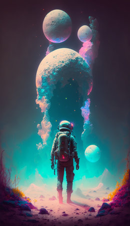 astronaut walks on a new planet in the fog, other planets in the background.の写真素材