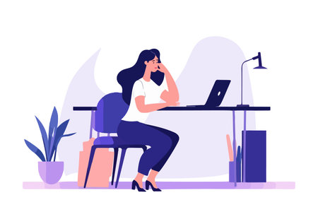 Woman at desk, working on laptop, corporate data leaks to competitor. Employee shares sensitive information with rival via phone. vector image.のイラスト素材
