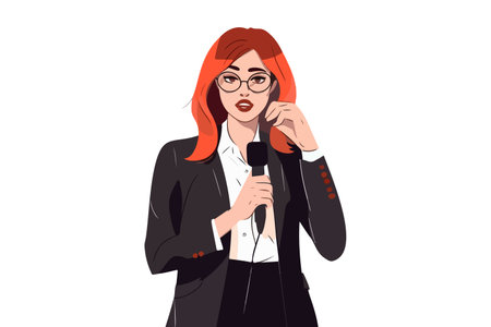 woman in business clothes holding a microphone at a conference or seminar.のイラスト素材
