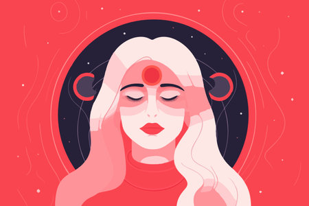 Peaceful woman with third eye employs intuition in decisions. Psychic girl considers mind and heart. Spirituality, esotericism. vector art.のイラスト素材