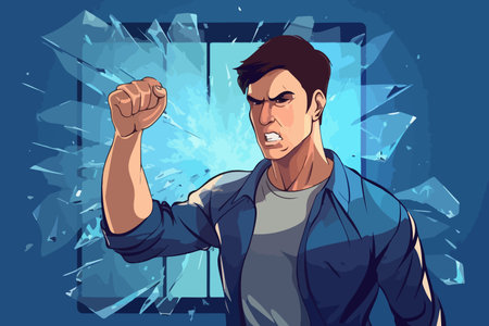 Irate man shatters glass with his fist. Enraged male worker smashes glass with hand punch. Managing emotions and problems. Vector.のイラスト素材