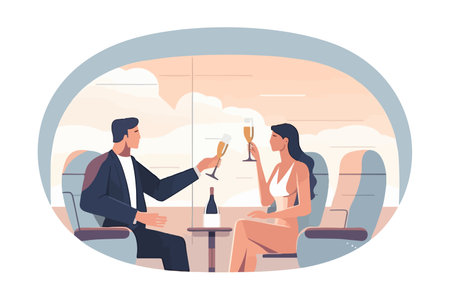Joyful pair toast with champagne aboard private jet. Smiling, prosperous man and woman enjoy drinks on airplane. Luxury, well-being. vector art.のイラスト素材