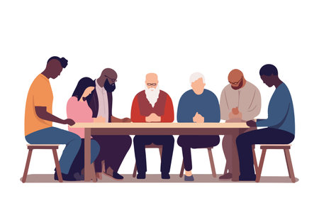 Multicultural group gathers at table for joint prayer. Men and women seeking guidance and blessings from a higher power. Faith, spirituality. vector image.のイラスト素材