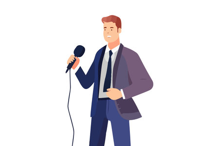 Man journalist holds microphone, interviewing viewers. Male reporter or host extends mic towards camera. media, broadcasting. vector graphic.のイラスト素材
